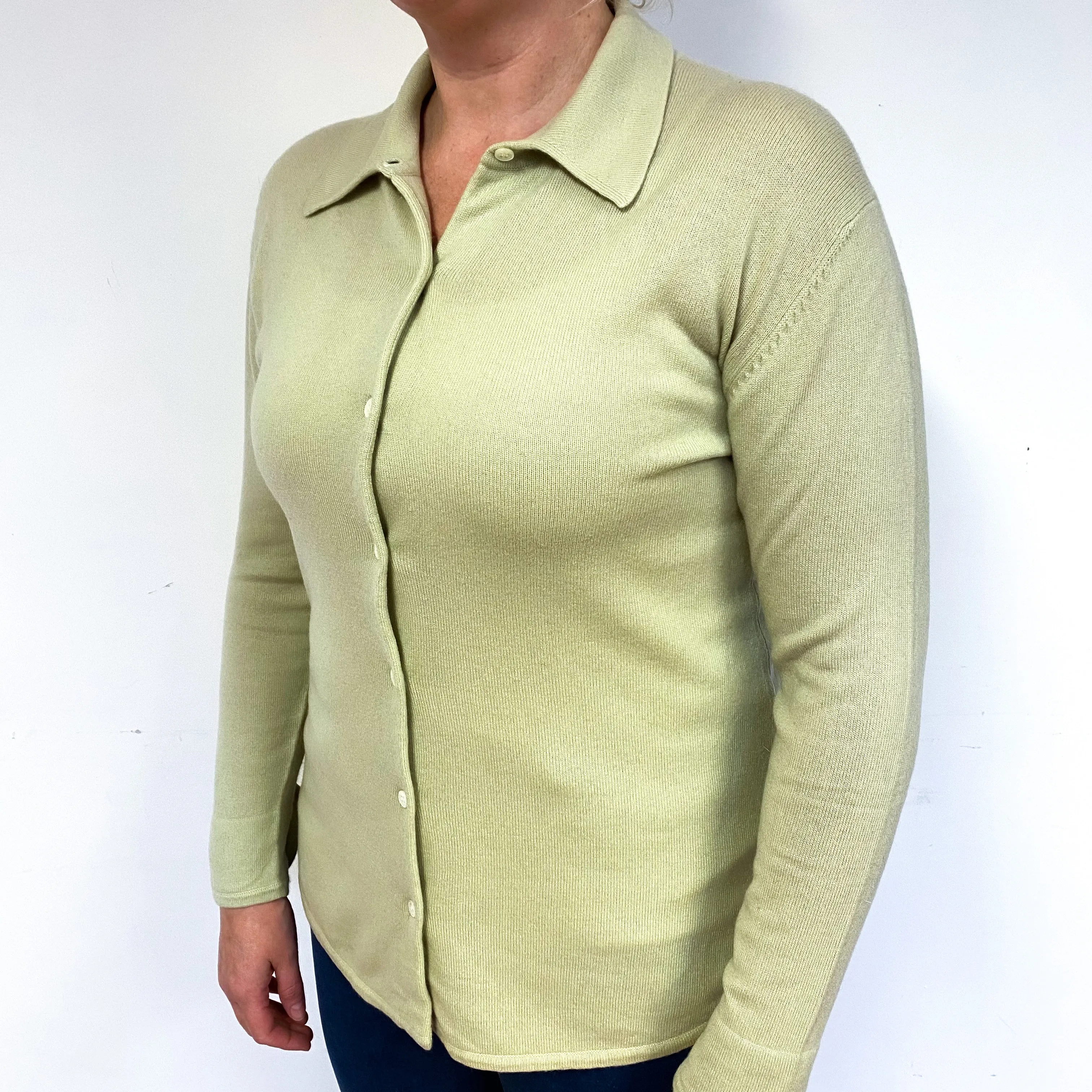 Pistachio Green Cashmere Shirt Style Cardigan Large