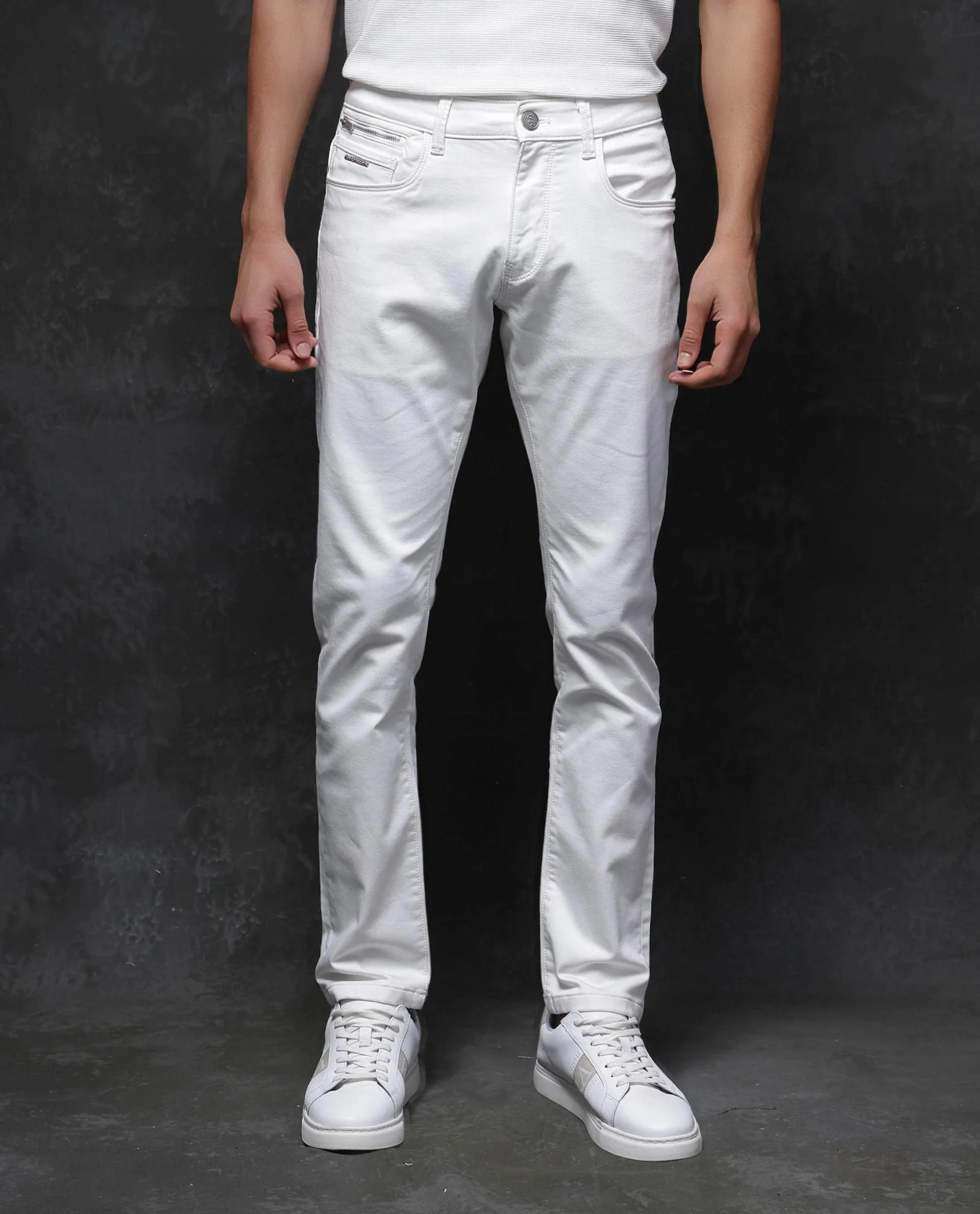 Rare Rabbit Men Corvo Off White Cotton Polyester Fabric Slim Fit Plain Denim Pant