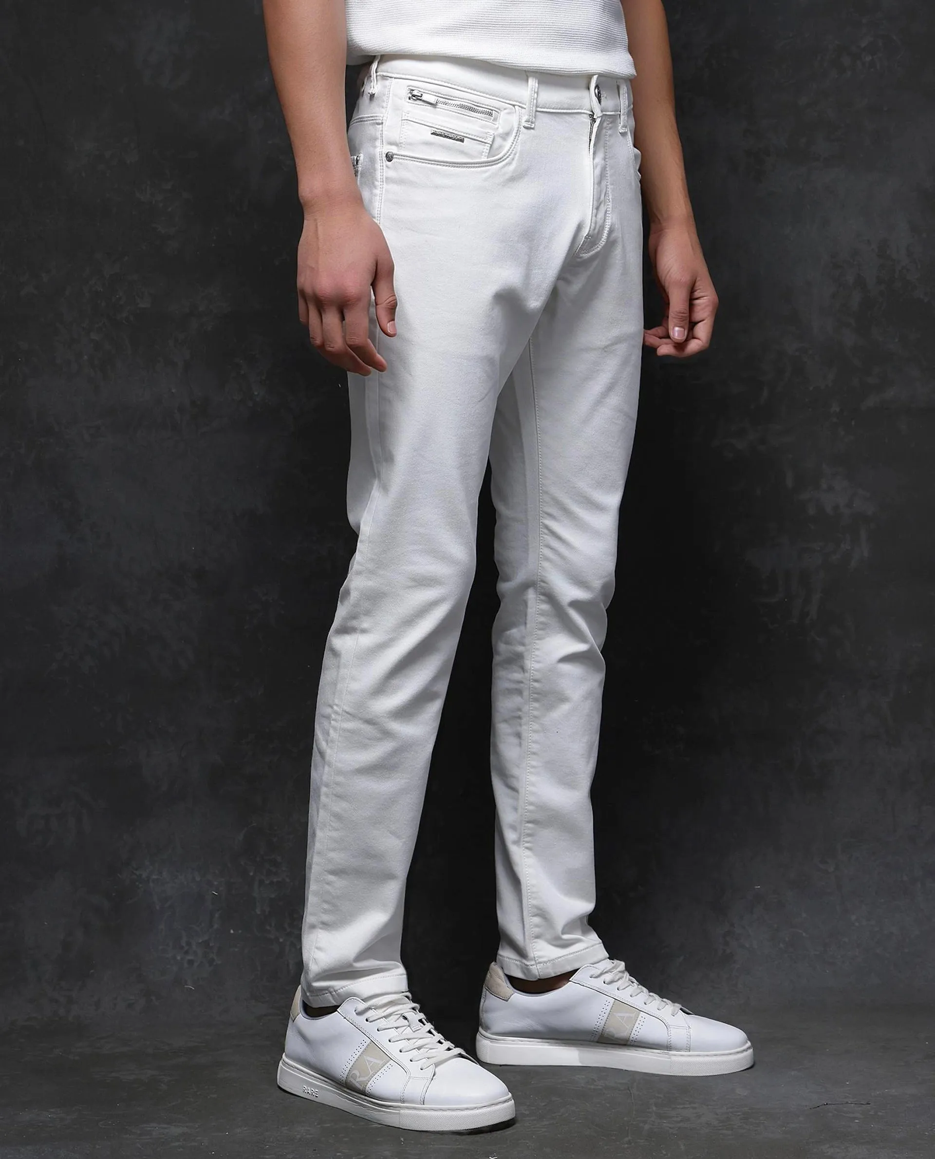 Rare Rabbit Men Corvo Off White Cotton Polyester Fabric Slim Fit Plain Denim Pant