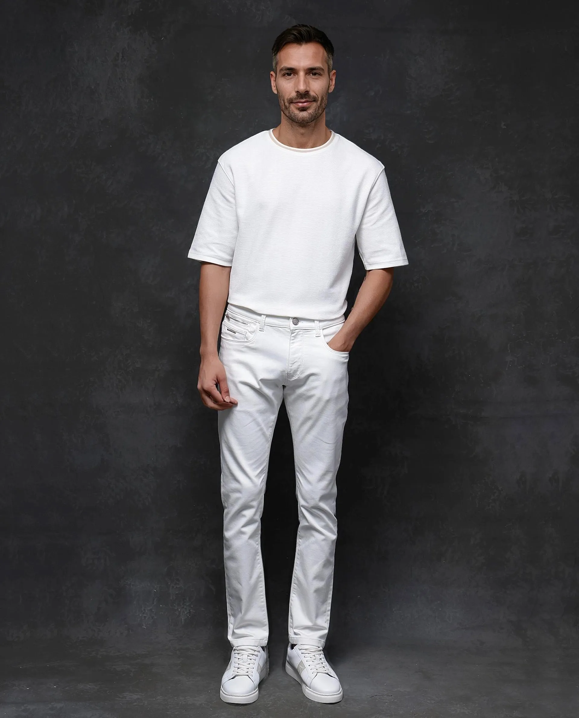 Rare Rabbit Men Corvo Off White Cotton Polyester Fabric Slim Fit Plain Denim Pant
