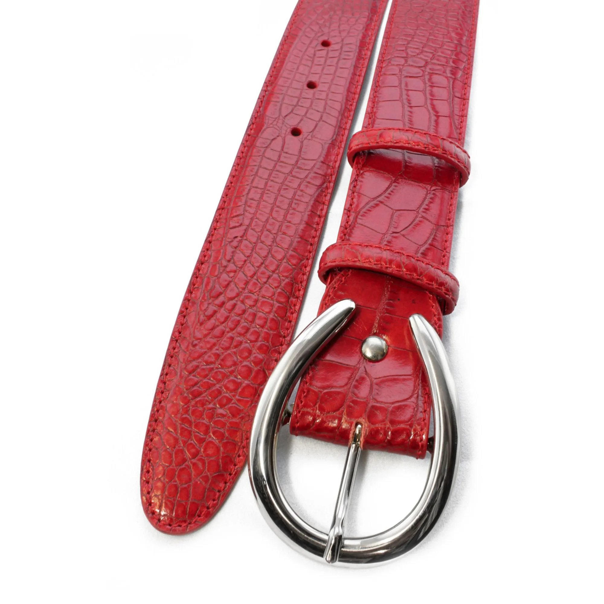 Red mock crocodile horseshoe prong belt