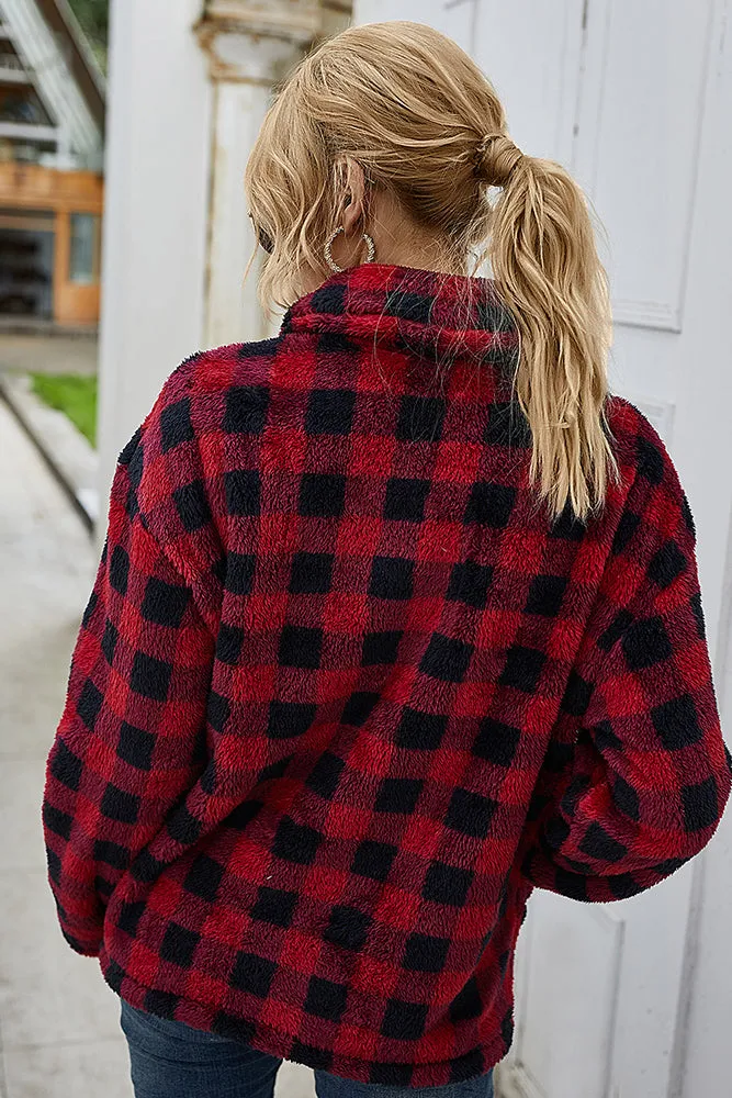 Red Plaid Turn-down Collar Coral Fleece Winter Outfits Coat