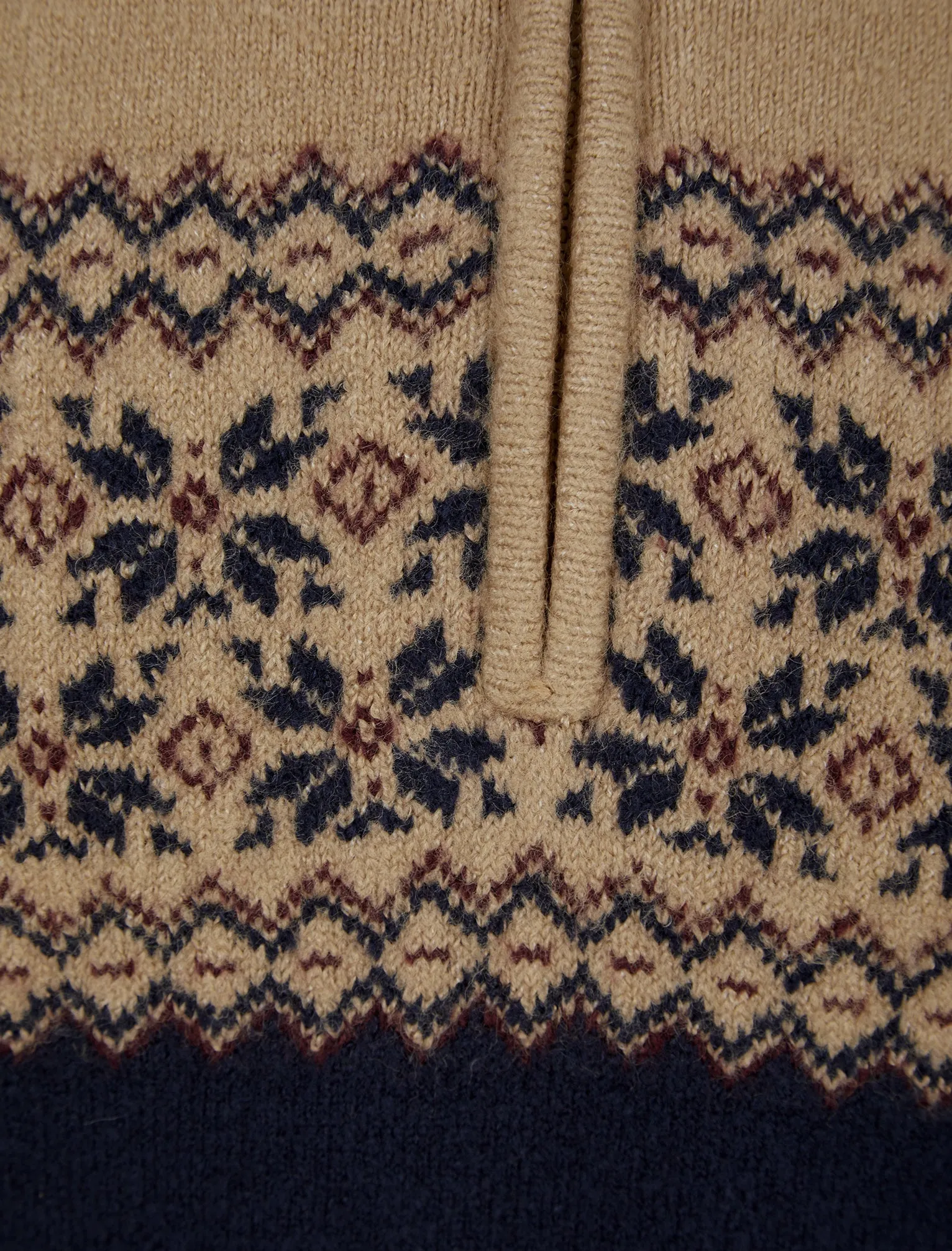 Remedy Quarter Zip Fair Isle Knit Funnel Neck Jumper in Camel - Kensington Eastside