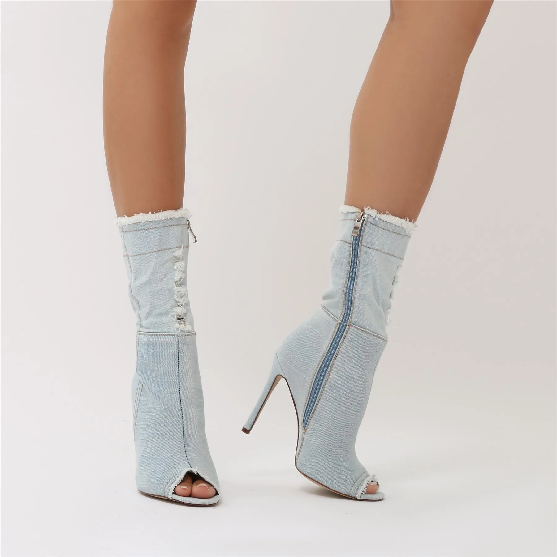 Revolve Sock Fit Peeptoe Boots in Light Denim