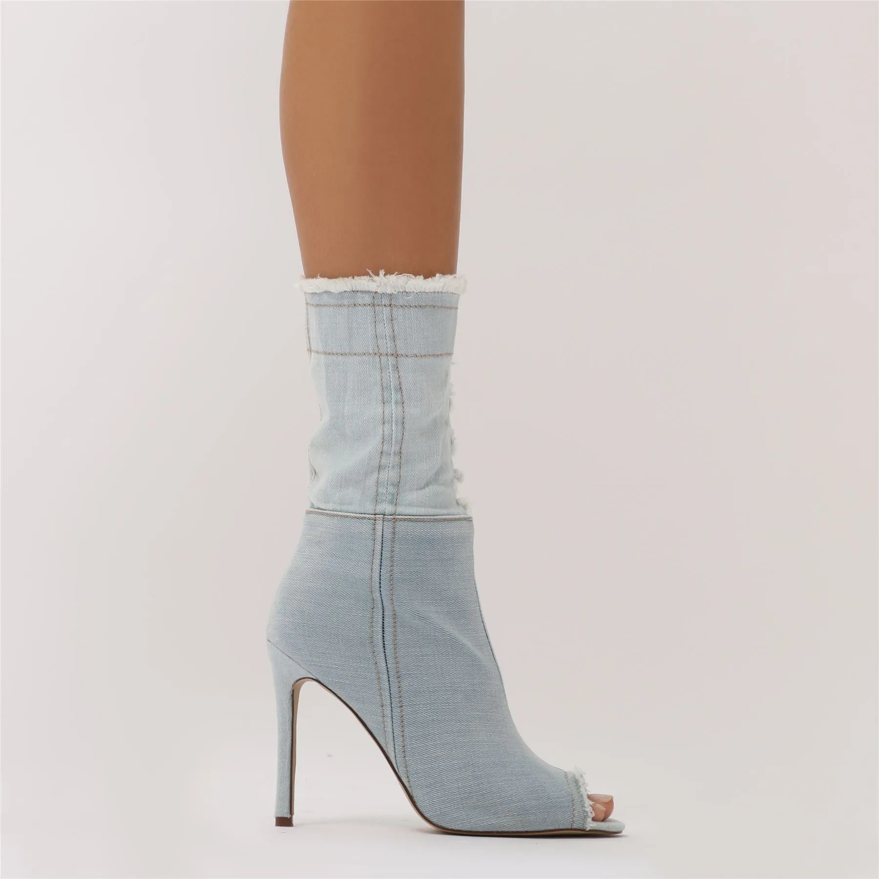 Revolve Sock Fit Peeptoe Boots in Light Denim