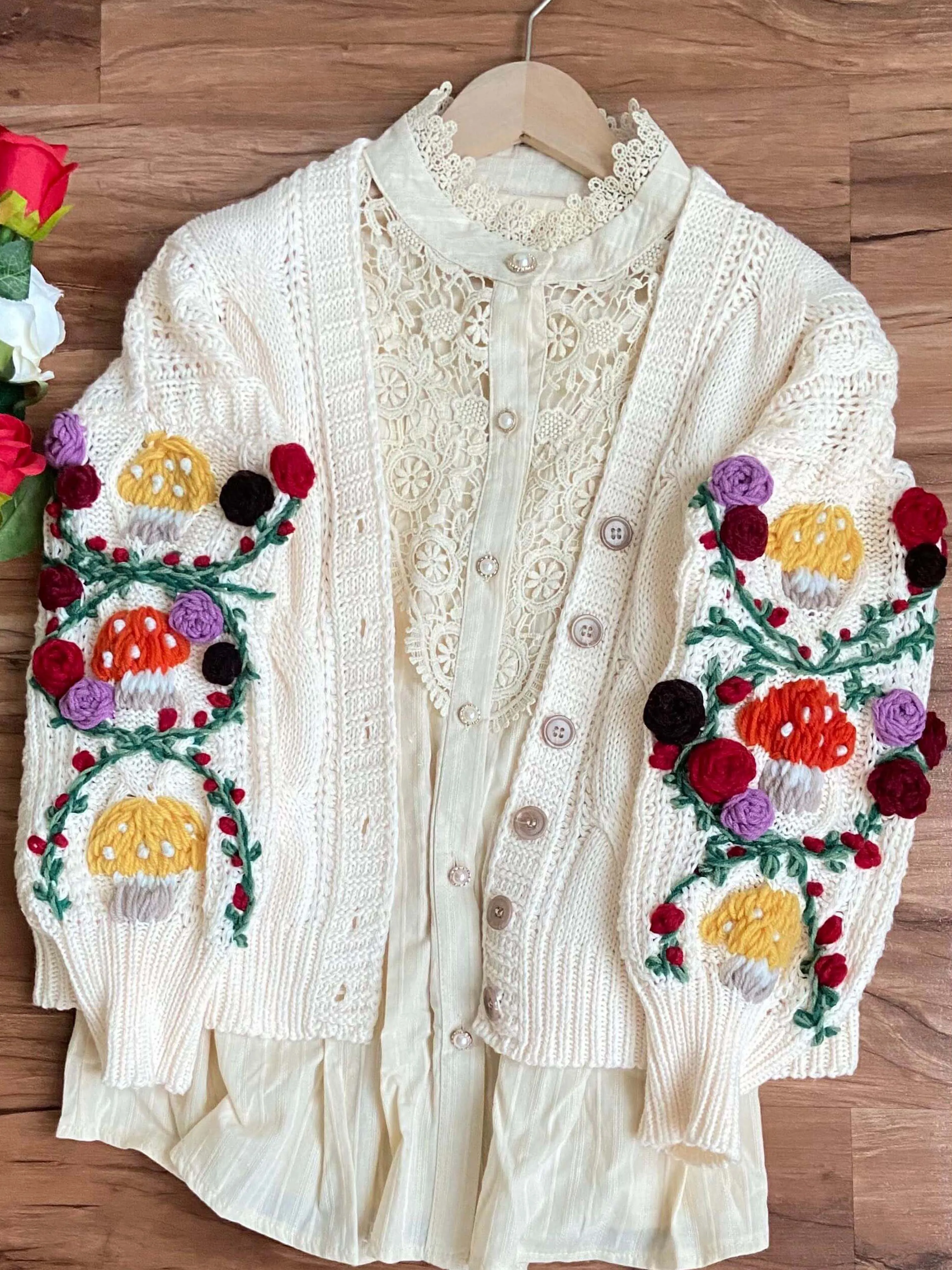 Rose Embroidery Mushroom Cardigan