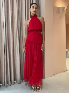 Shona Joy Marquis High Neck Cut Out Midi Dress in Roma Red