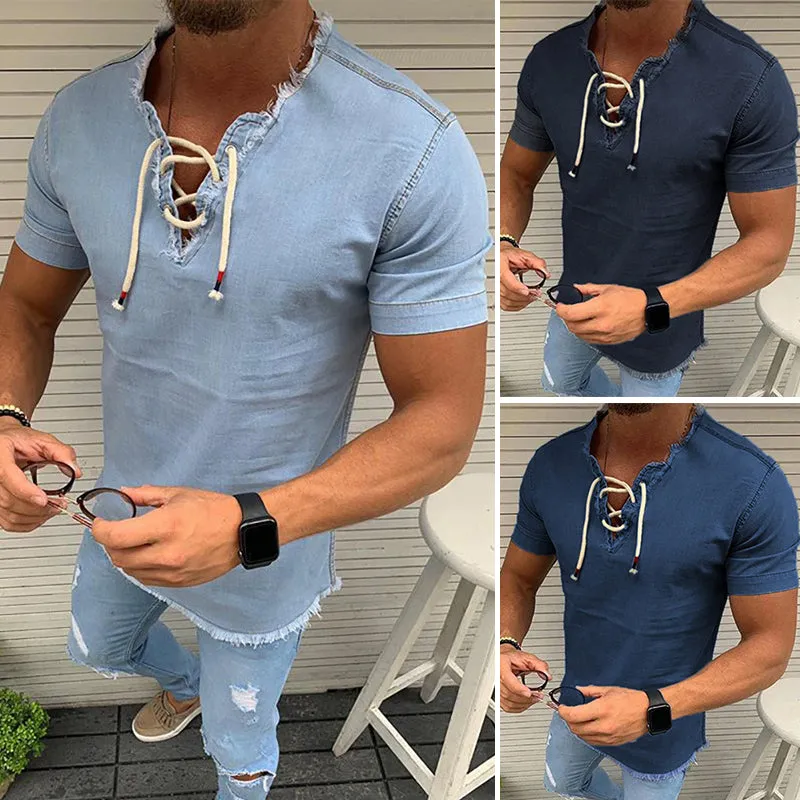 Stretch denim shirt with laces - men's