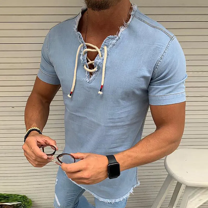 Stretch denim shirt with laces - men's