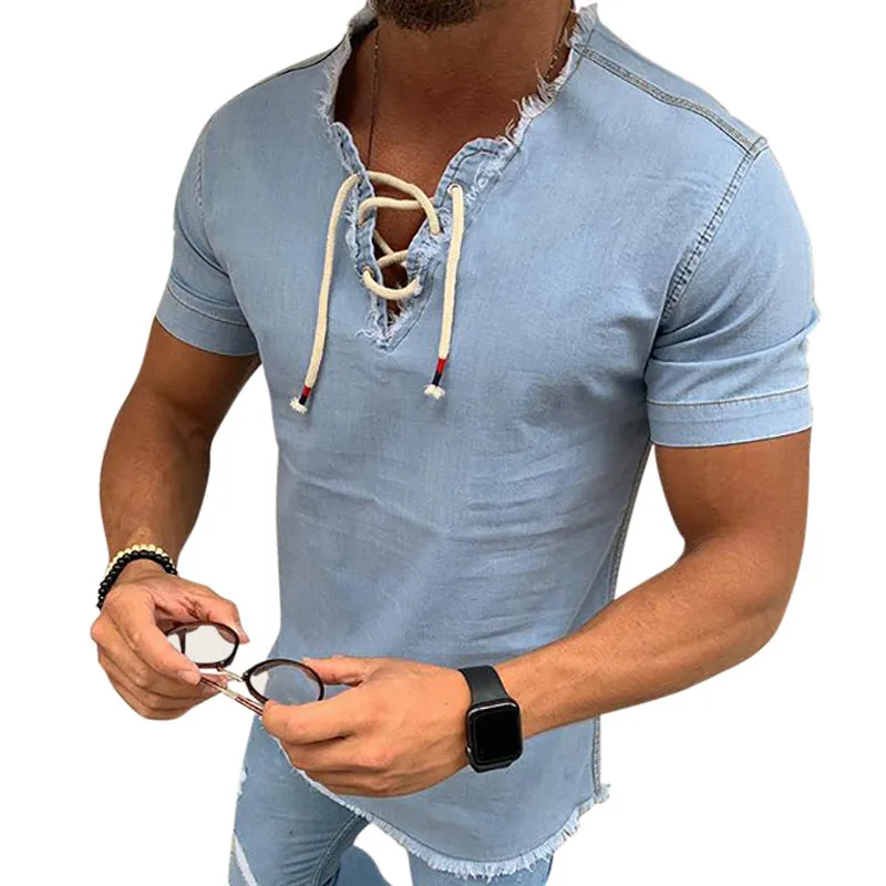 Stretch denim shirt with laces - men's