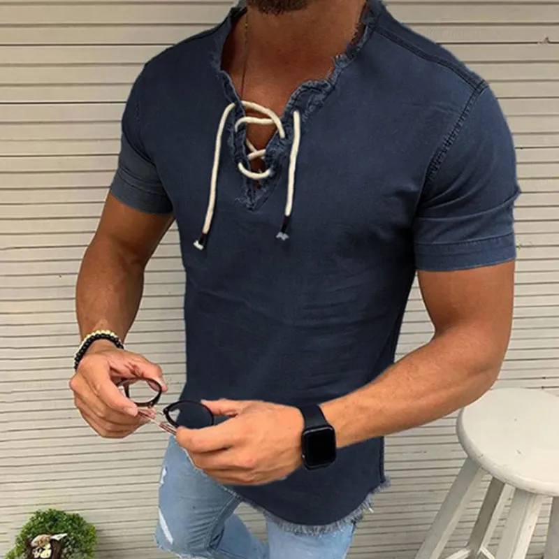 Stretch denim shirt with laces - men's