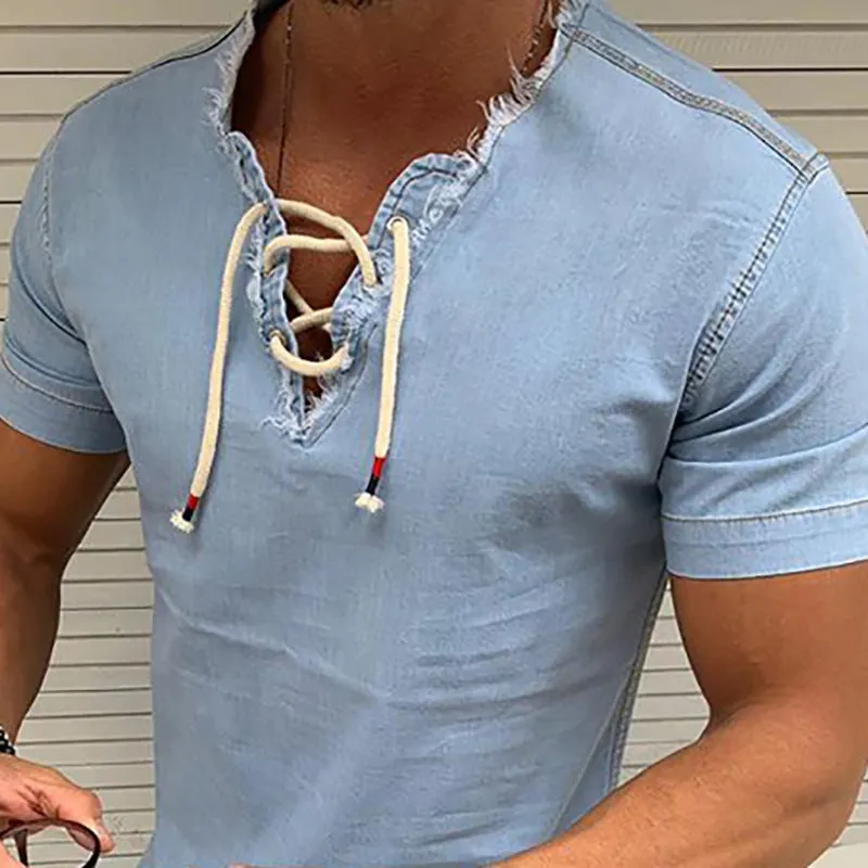 Stretch denim shirt with laces - men's