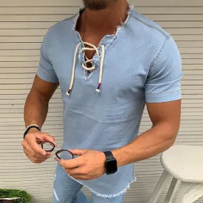Stretch denim shirt with laces - men's