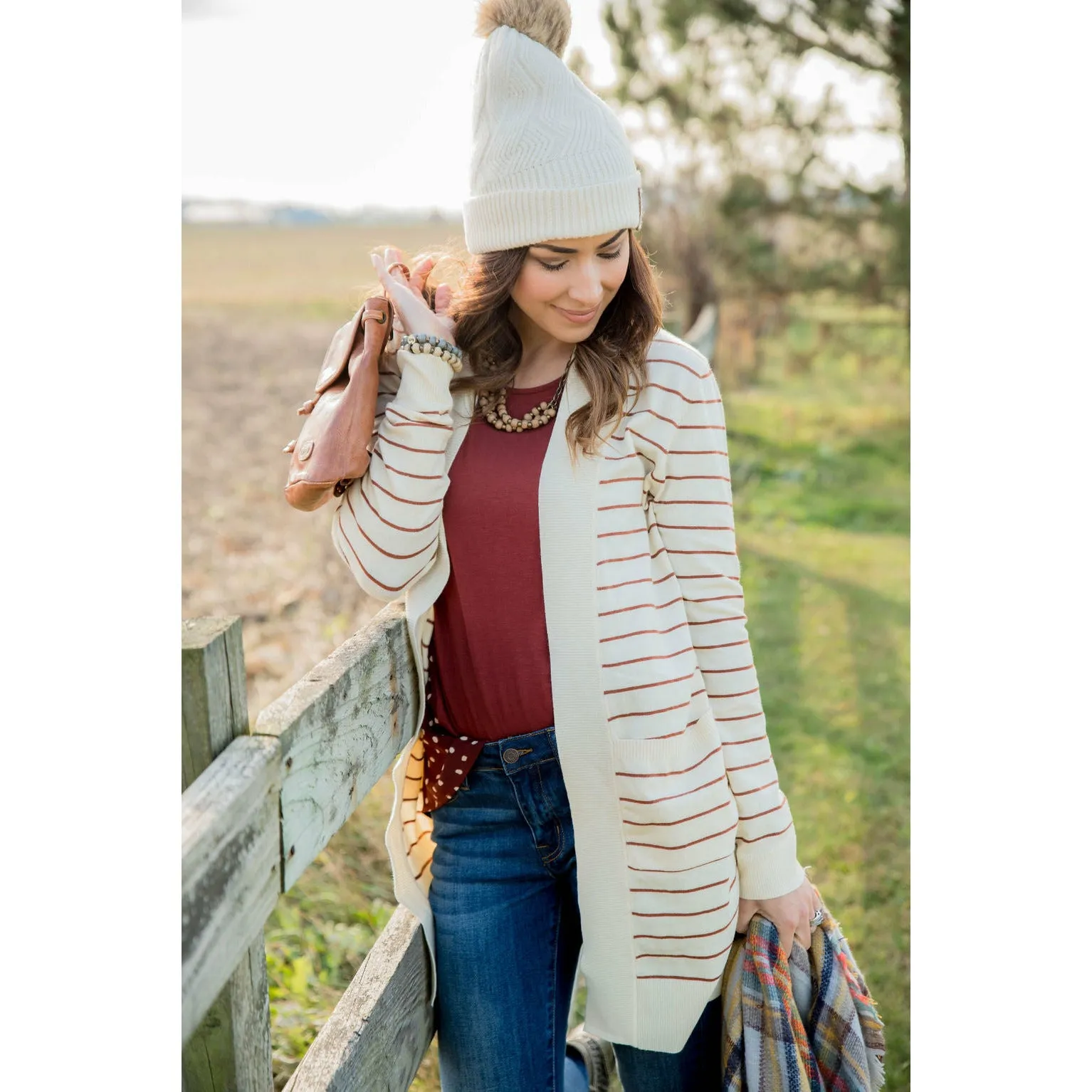 Thin Striped Cardigan-Cream
