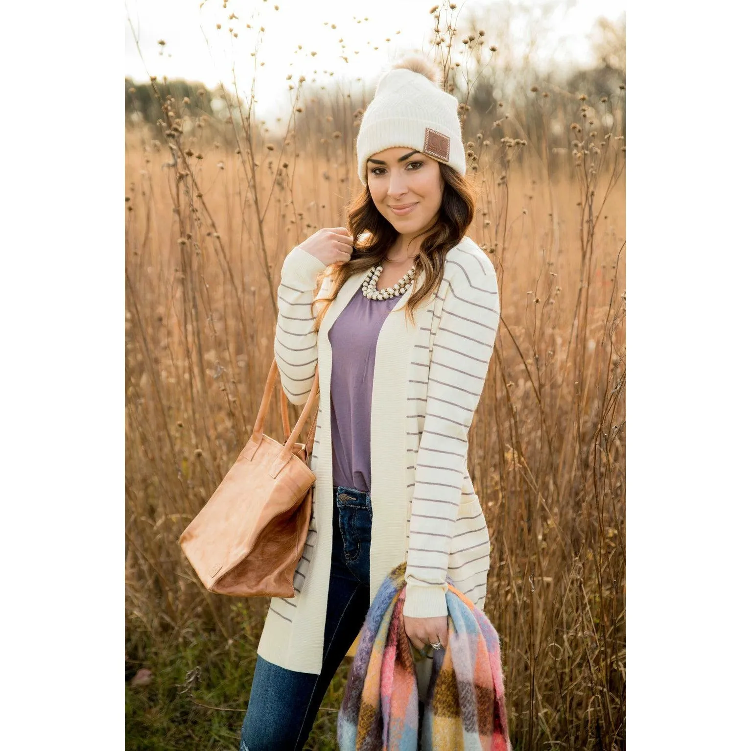 Thin Striped Cardigan-Cream