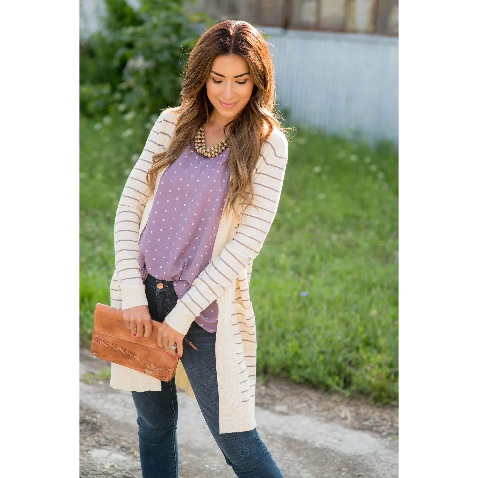 Thin Striped Cardigan-Cream