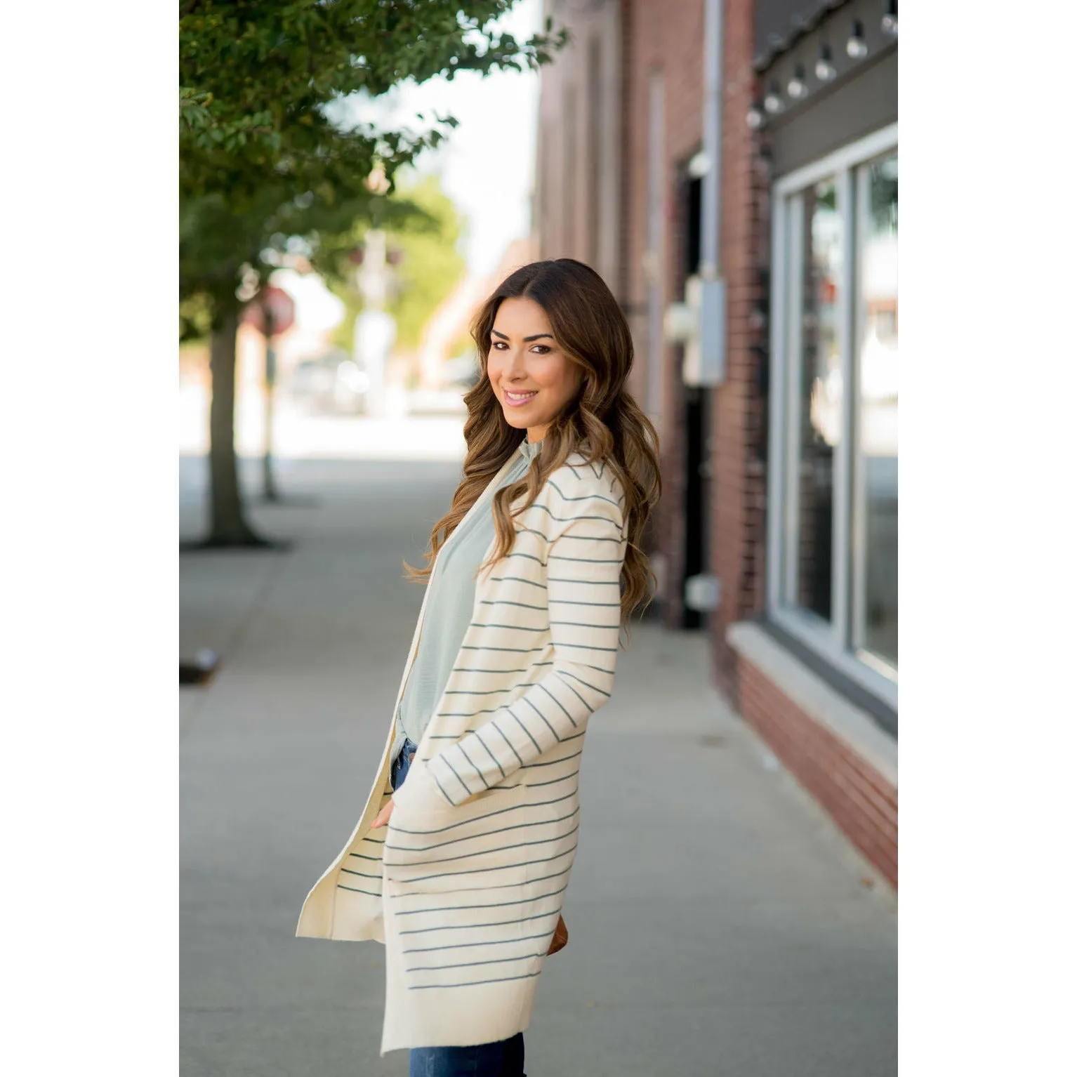 Thin Striped Cardigan-Cream