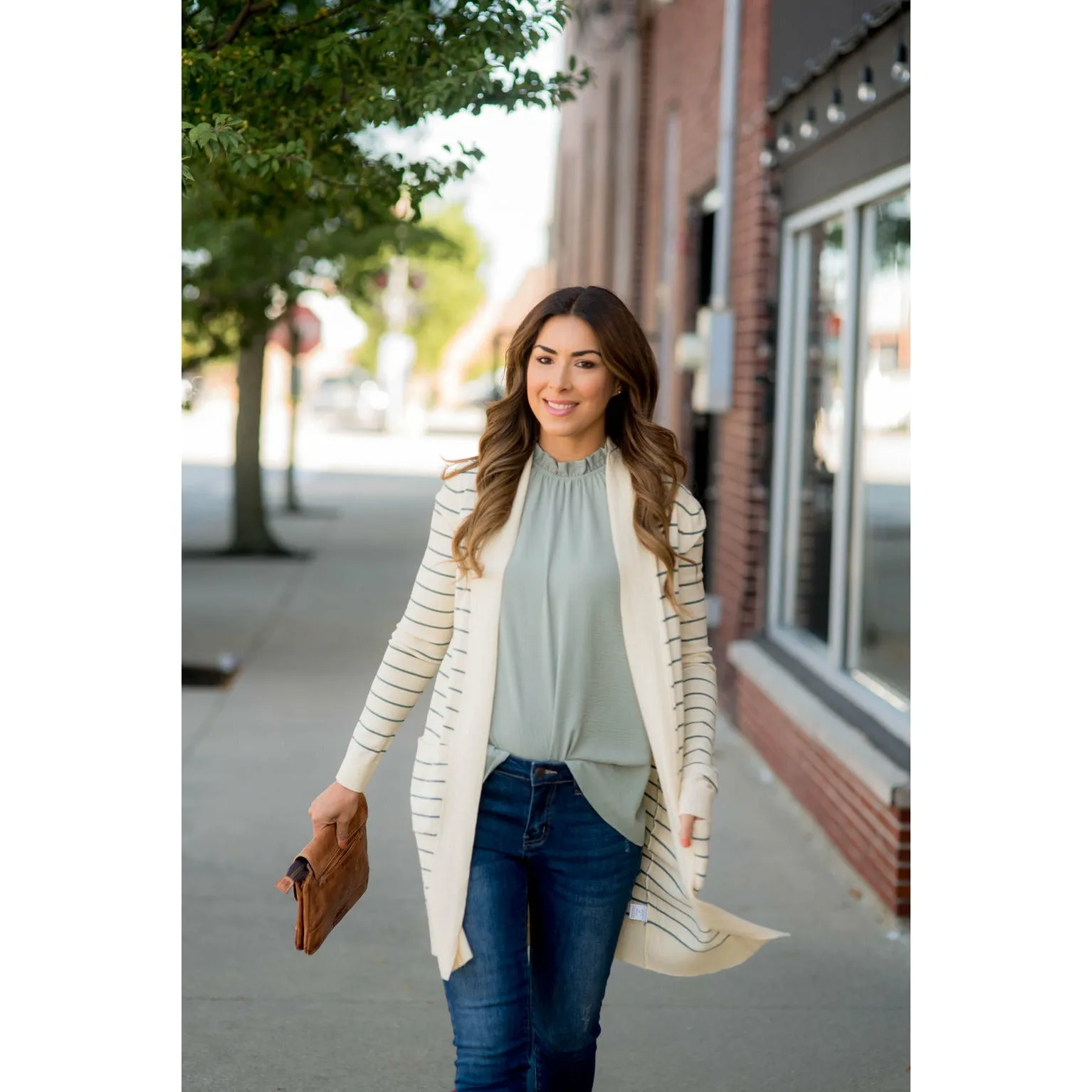 Thin Striped Cardigan-Cream