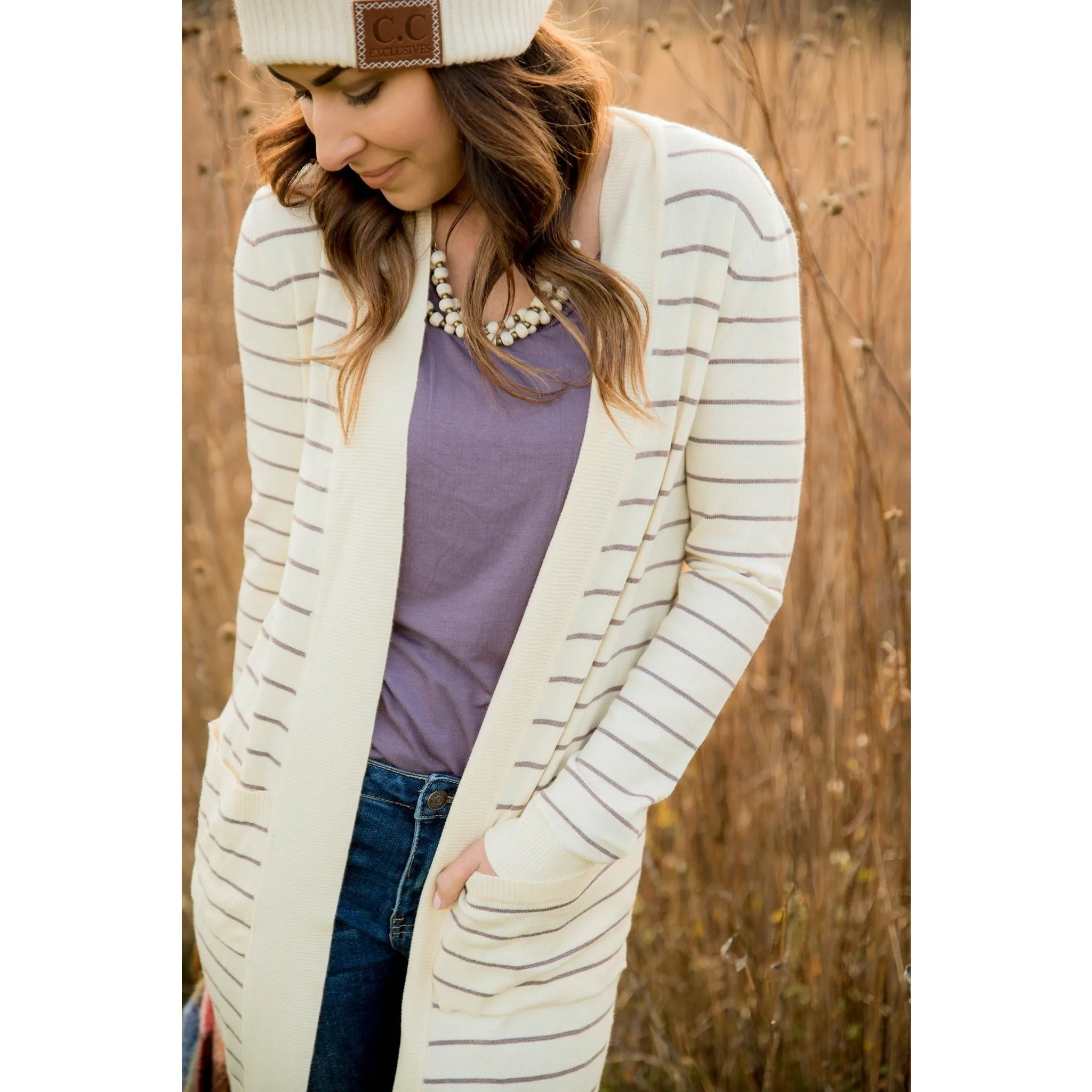 Thin Striped Cardigan-Cream