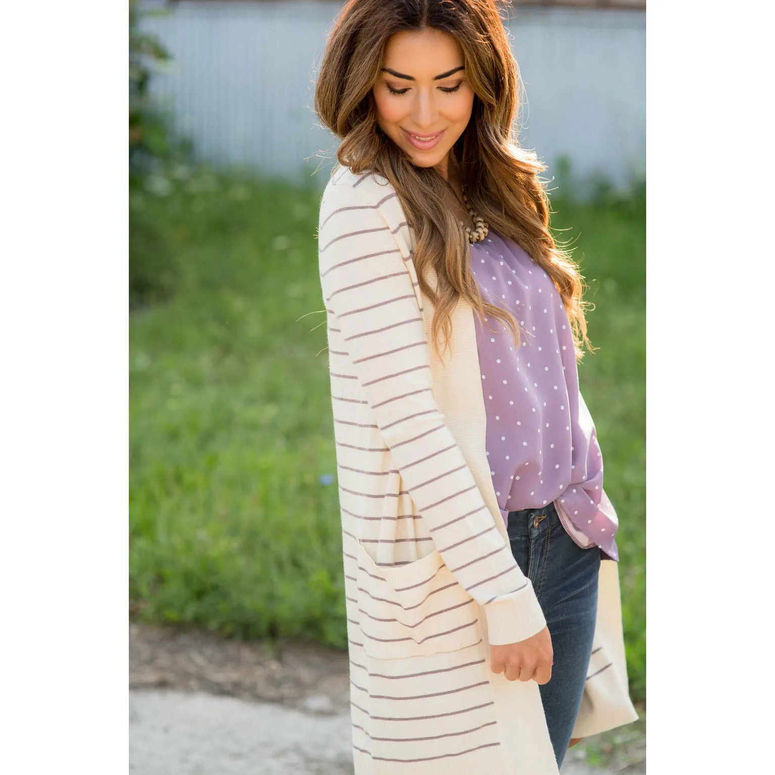 Thin Striped Cardigan-Cream