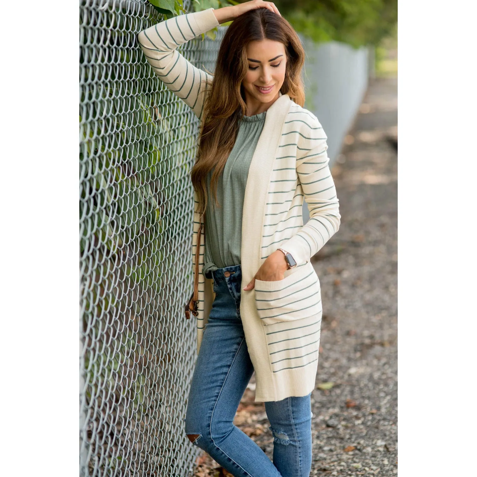 Thin Striped Cardigan-Cream