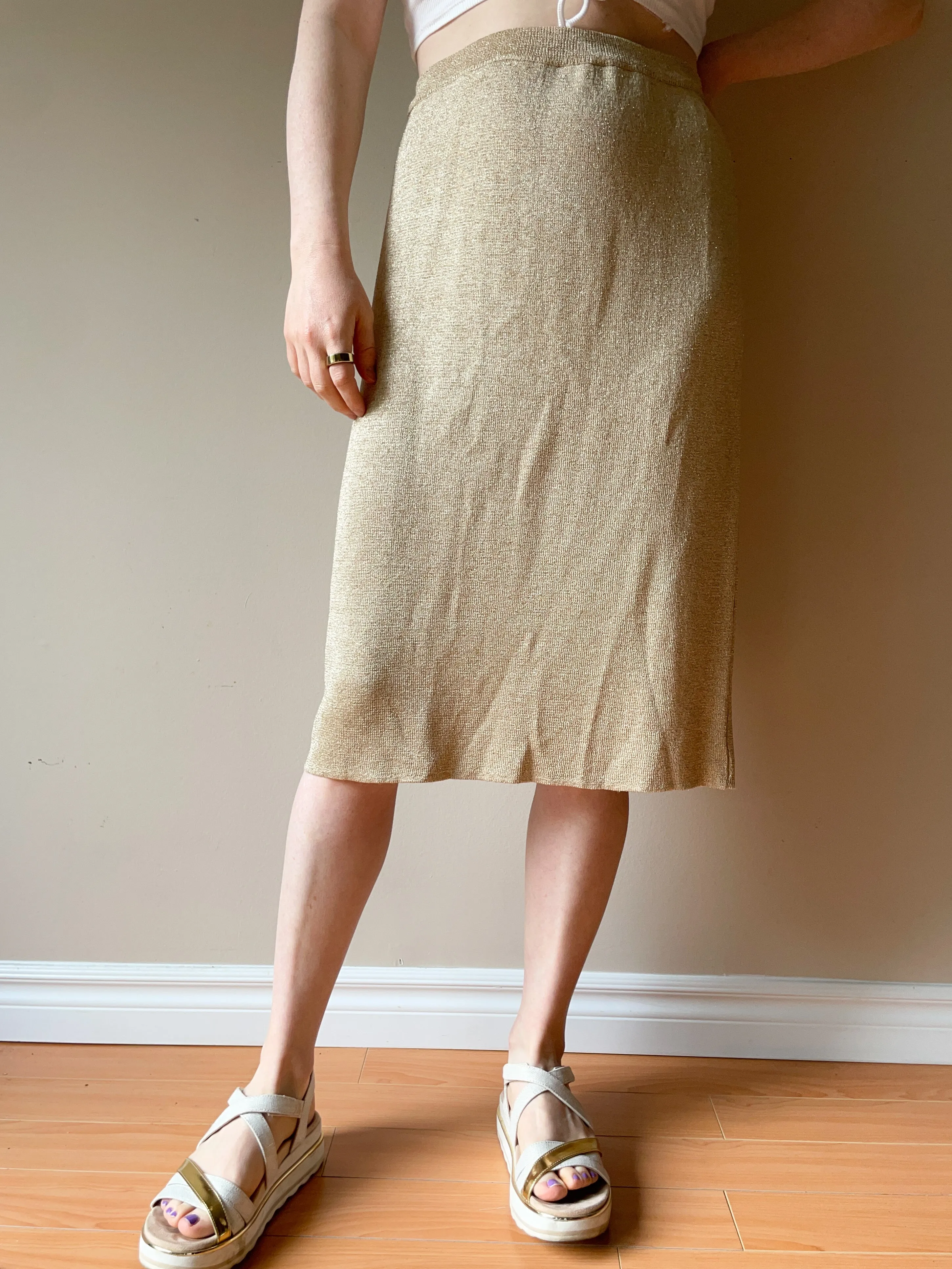 Vintage Spanner Gold Metallic Knit Skirt - Large