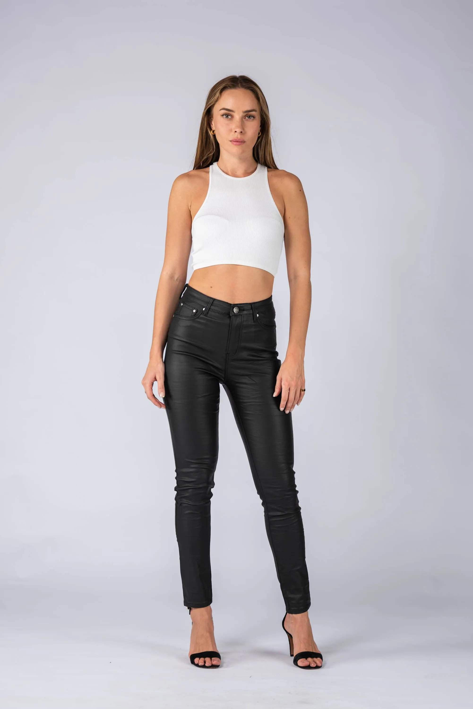 Wakee Denim Leather Look Coated Jean - Black 7061
