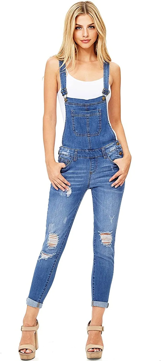 Wax Jeans Women's Distressed Skinny Overalls with Rolled Cuffs