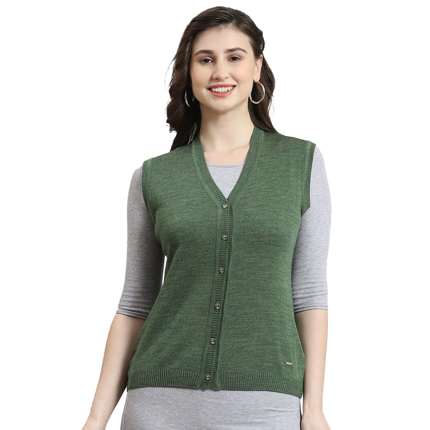 Women Green Solid V Neck Sleeveless Cardigan