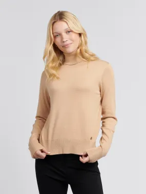 Womens Roll Neck Fine Knit Jumper in Cuban Sand
